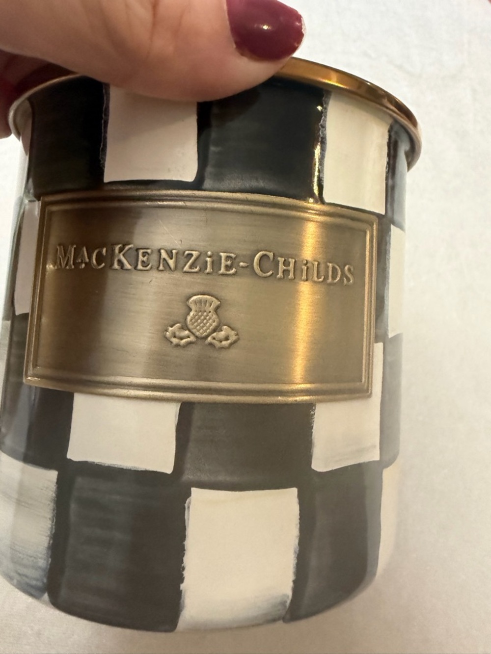 MacKenzie-Childs Black and White Checkered Ceramic Jar with Red Knob - Picture 8 of 11